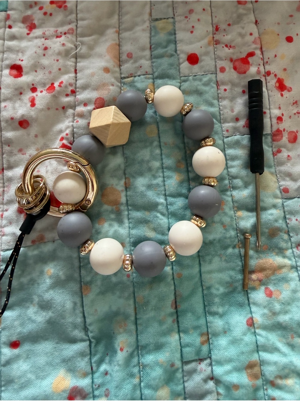 Gray & White Beaded Wristlet Keychain with Gold Accents